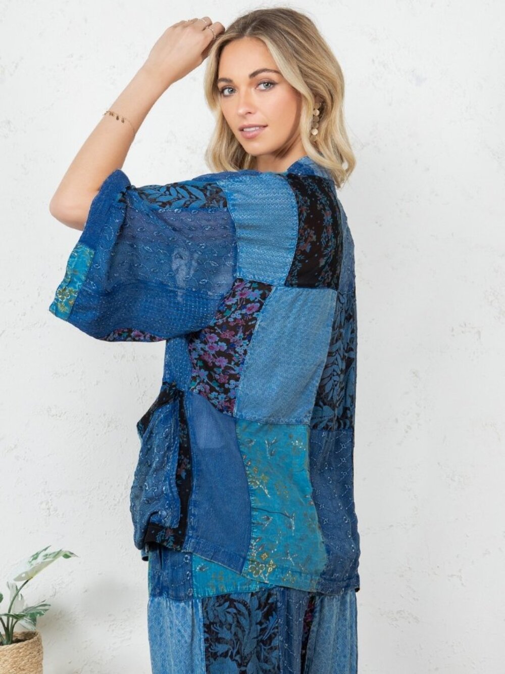 Western Kimono Top In Overdyed Mix N Match Patches - Picture 2 of 5